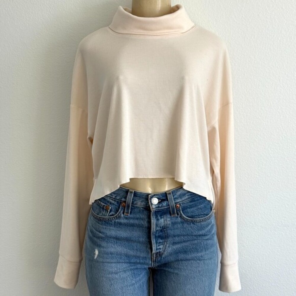 American Eagle Waffle Knit Top S Cream Boho Cropped Turtleneck Thermal